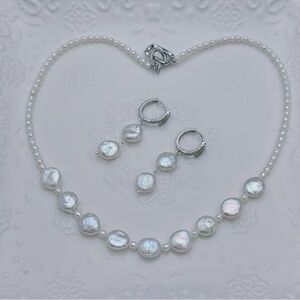 26X84 Handmade Freshwater Coin Baroque Pearl Necklace Earrings Set